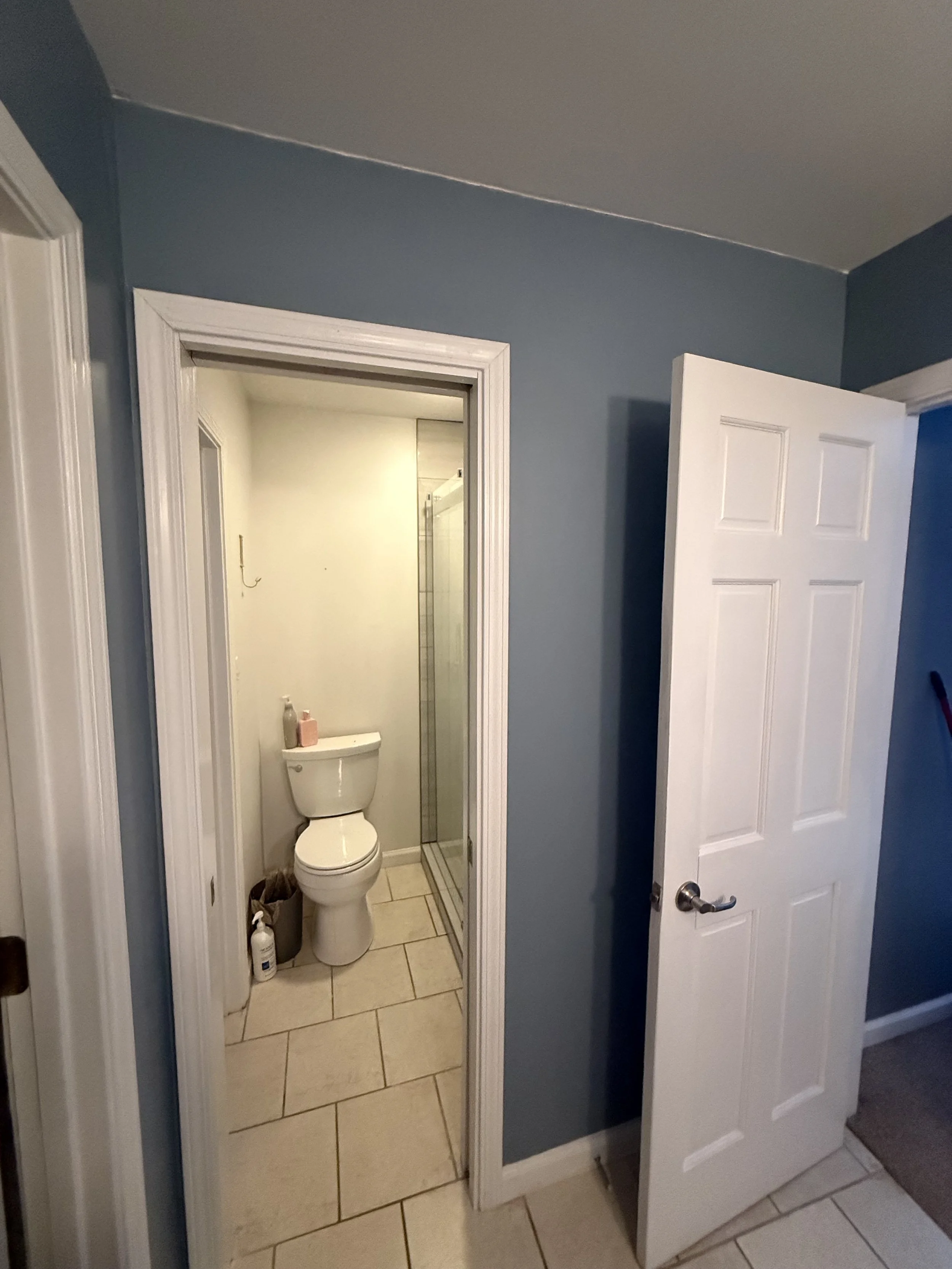 Bathroom with blue walls, open white door, visible toilet with bottles on top, towel, and shower in the background.