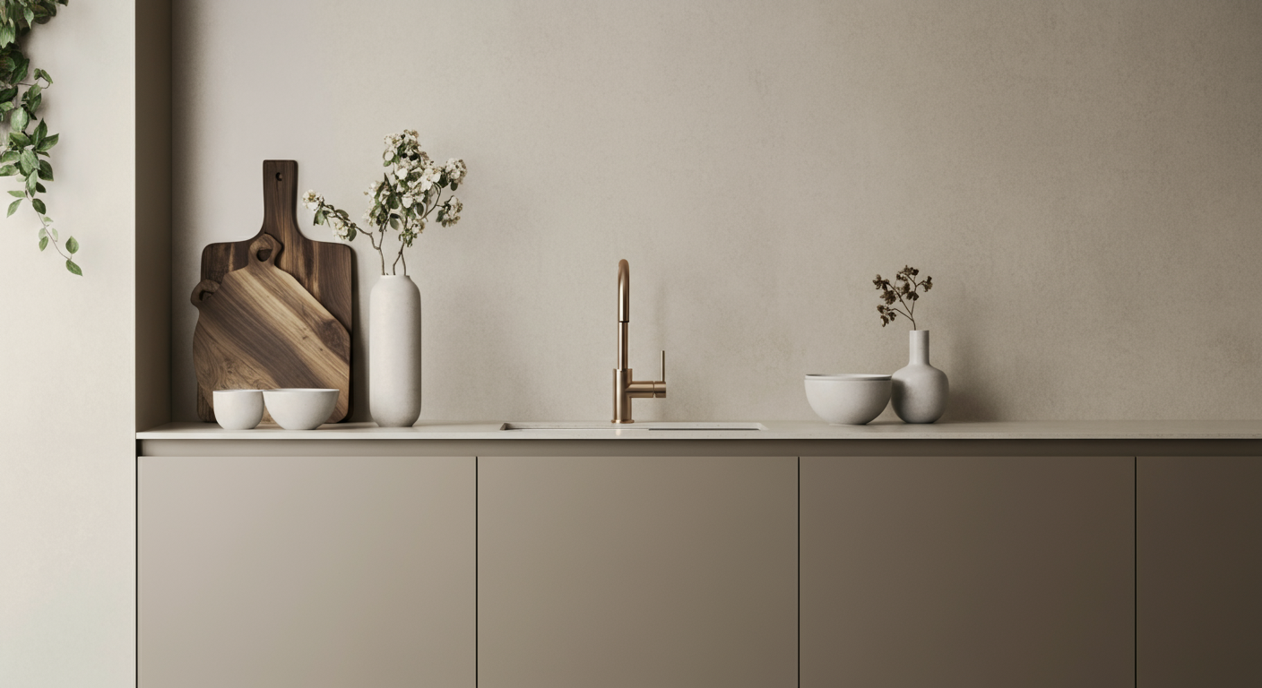 Minimalist kitchen countertop with cutting boards and flowers.