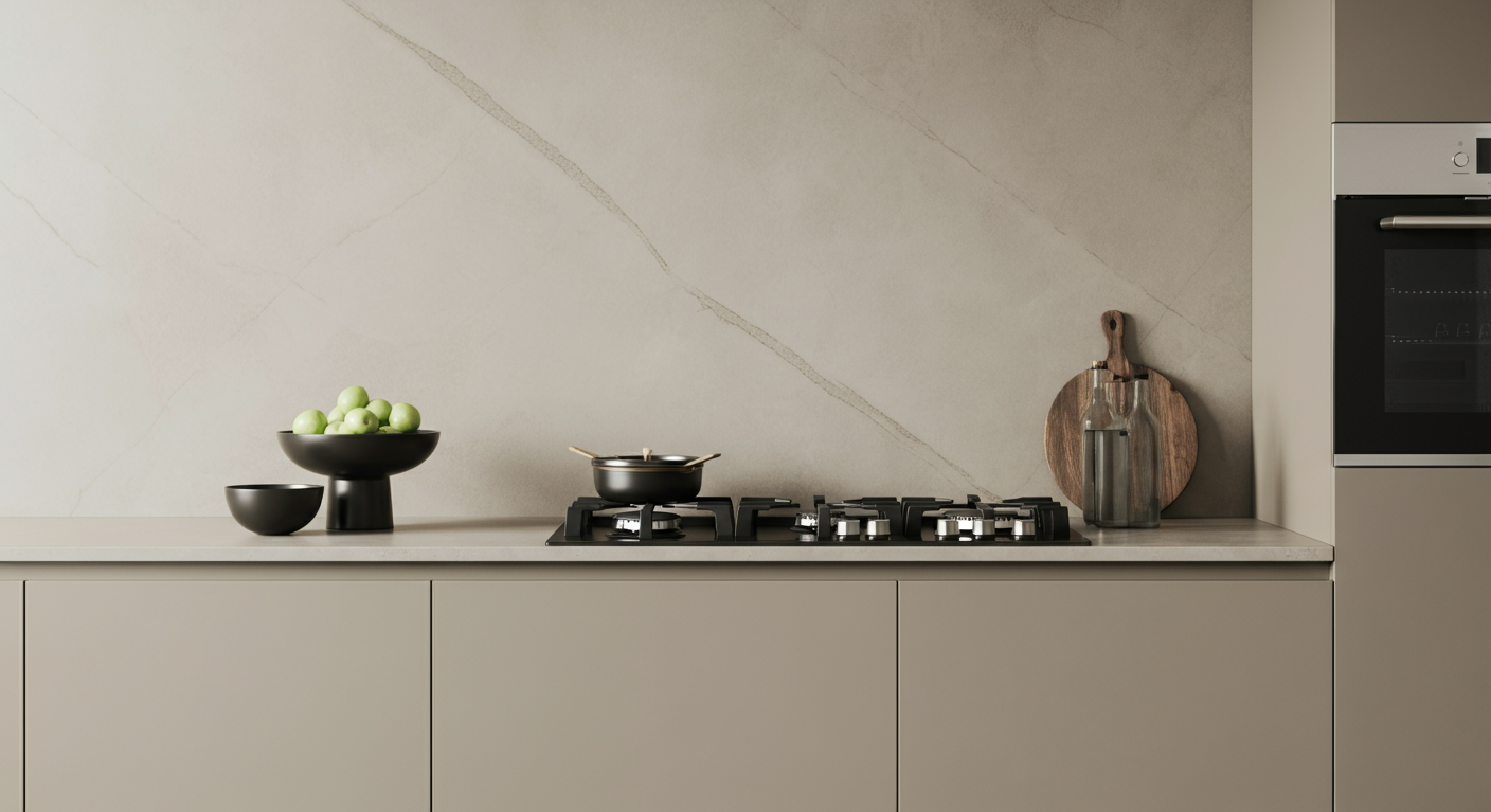 Minimalist kitchen countertop with apples and stovetop.
