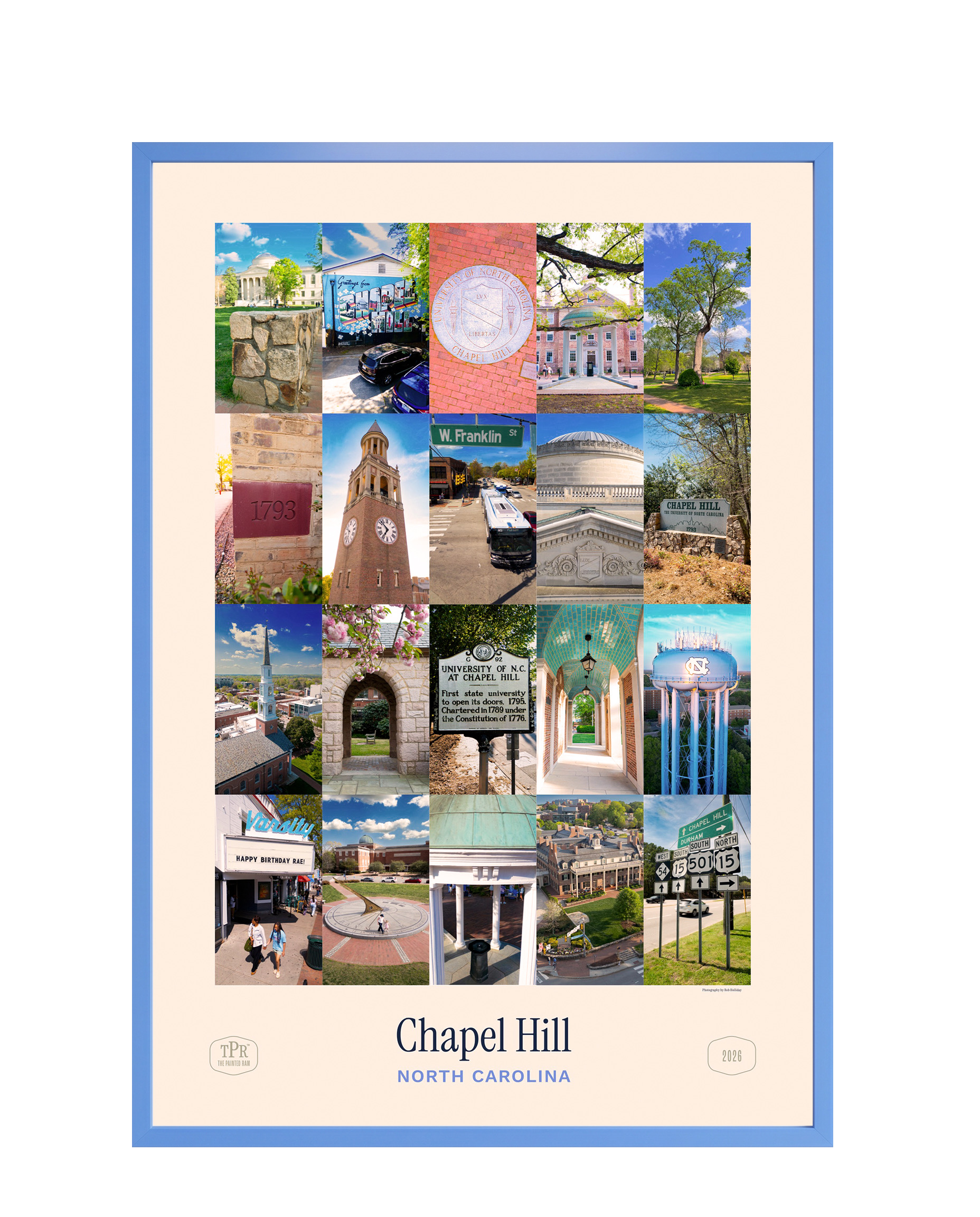 The Painted Ram Chapel Hill poster — 18x24 limited first edition print with 20 iconic UNC and Franklin Street scenes on premium photo satin