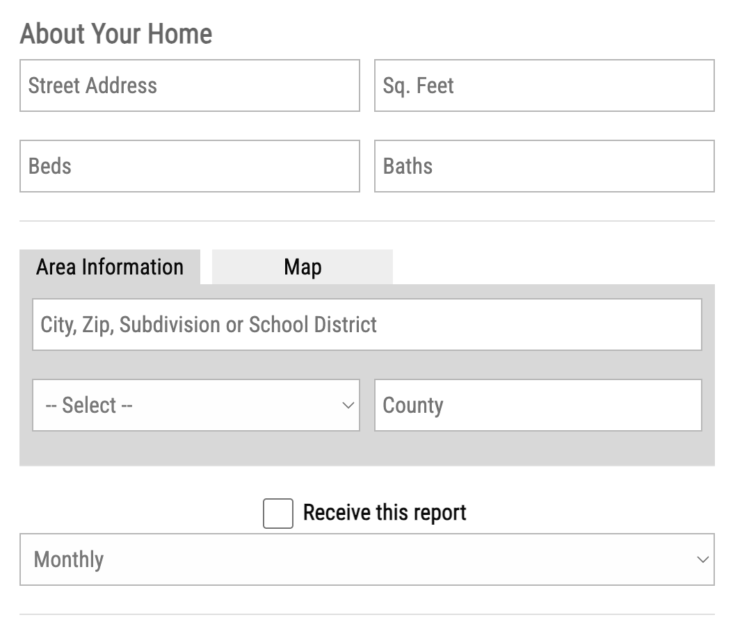 Screenshot of a home information form with fields for address, square footage, number of beds and baths, area details including city, state, and county, and options for report subscription frequency.