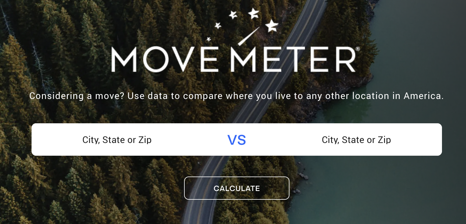 Website homepage for MOVEMETER with a background aerial view of a forest and river, a logo with stars and a needle, input fields for entering cities, states, or ZIP codes to compare locations in America, and a calculate button.