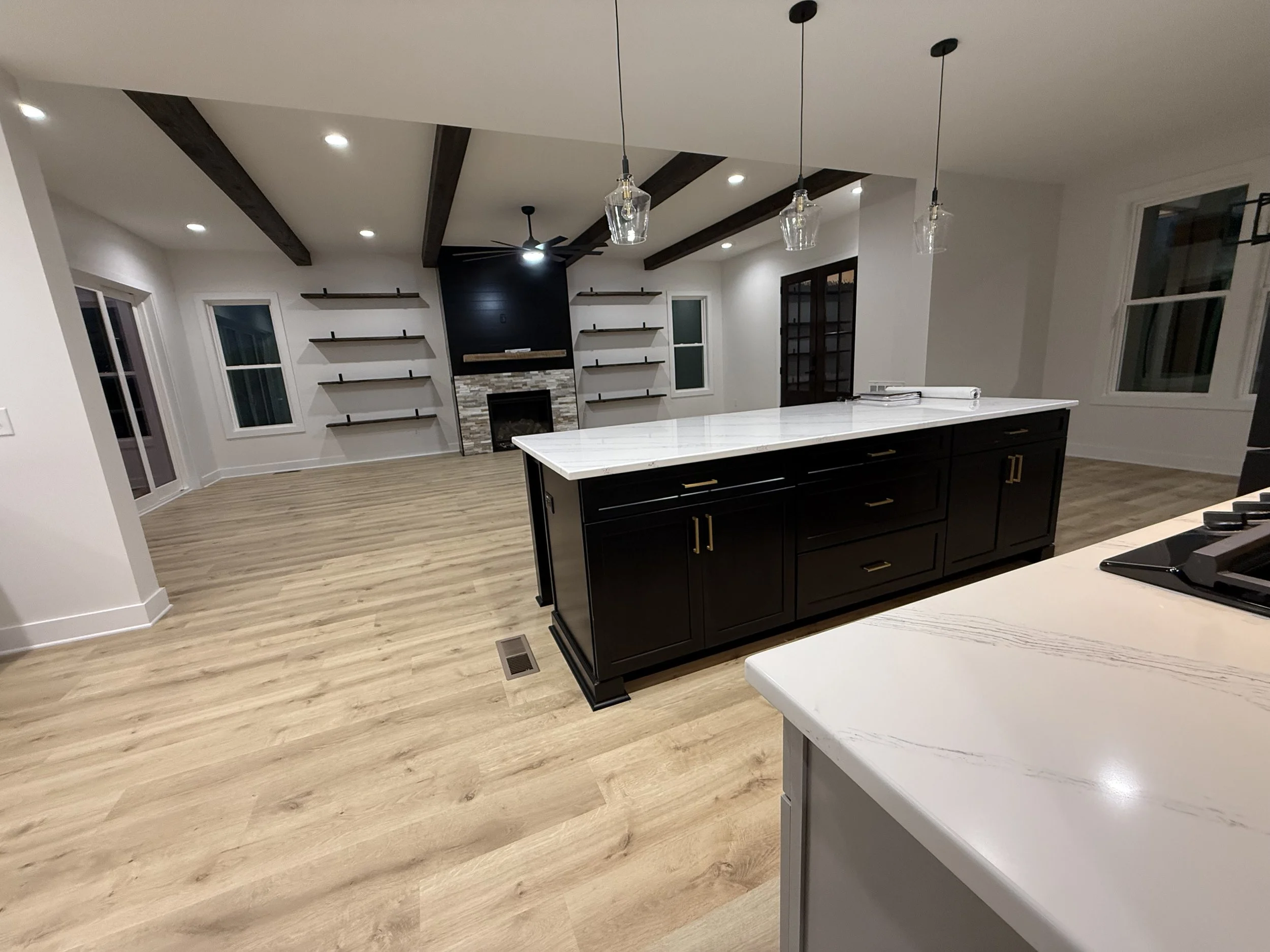 Modern custom home kitchen with large island in Clayton NC