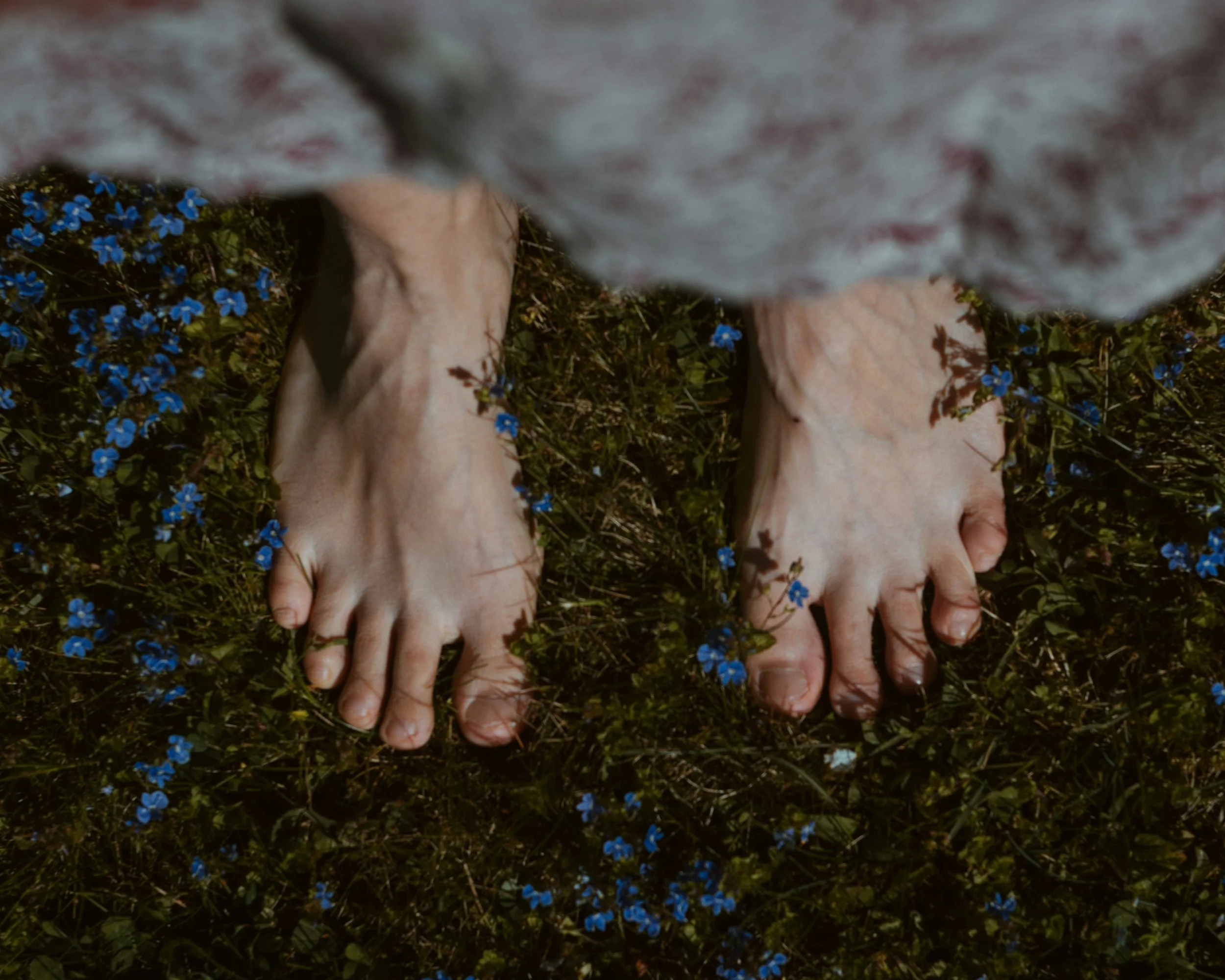 Close-up of bare feet on grass with small blue flowers.
