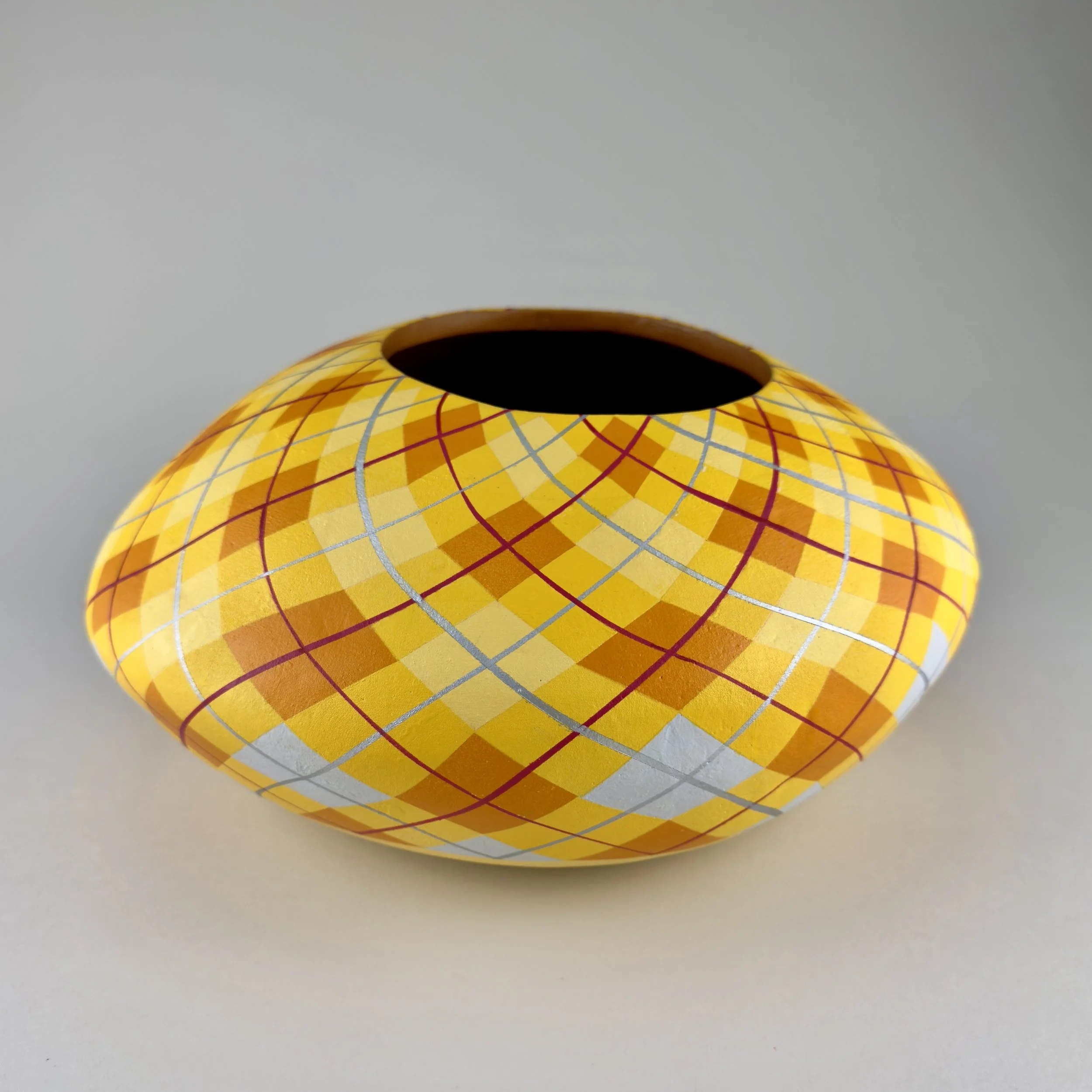 Untitled: Argyle 1 (PV14), 2025.  Acrylic and latex on ceramic - 7 x 10 in.