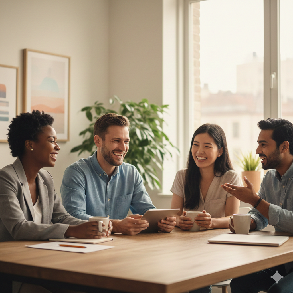 Four diverse coworkers sitting around a table in a bright office, smiling, having a conversation, with coffee cups in hand.