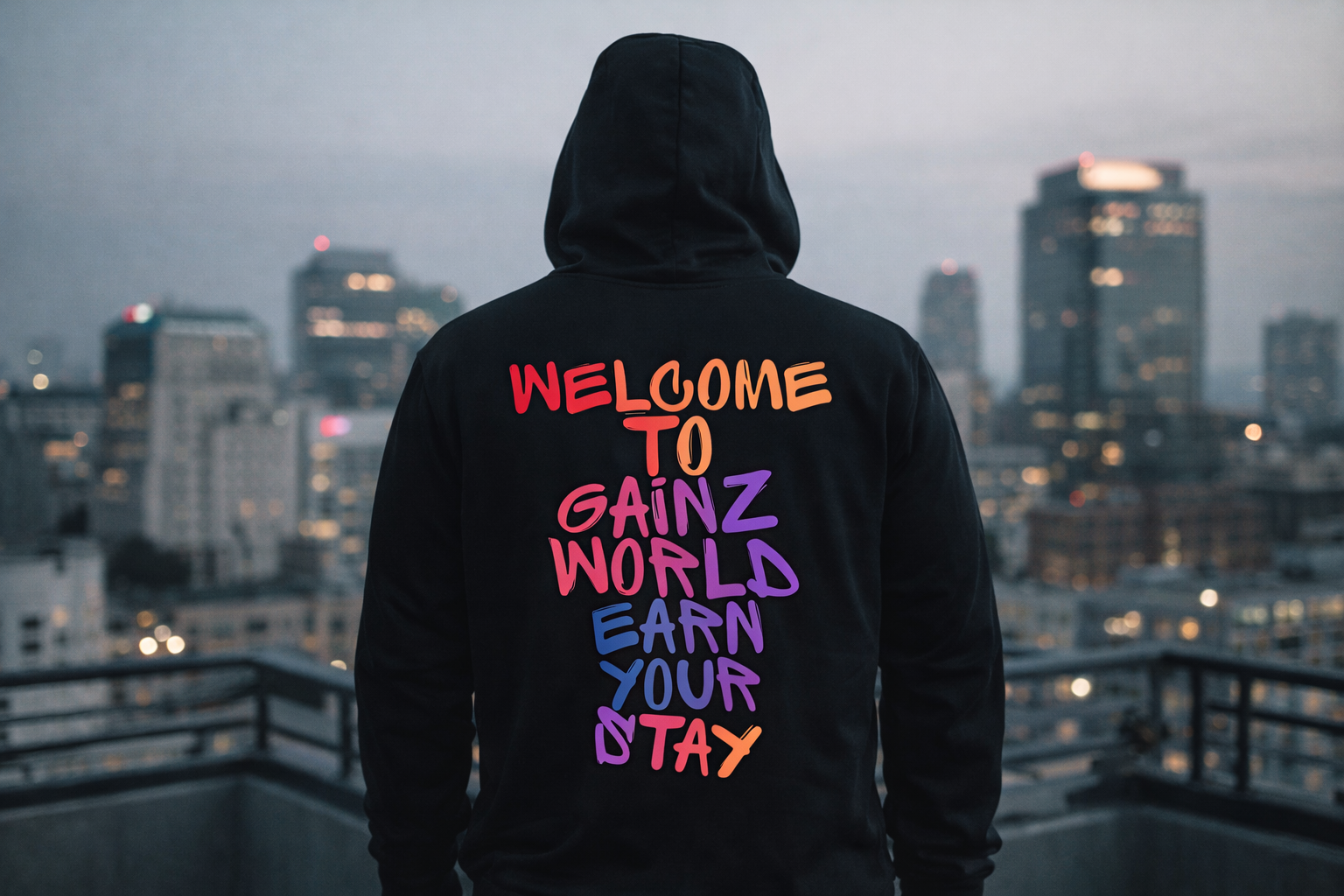 Person standing on a rooftop with city buildings in the background, wearing a black hoodie with colorful text that reads, "Welcome to Gainz World, Earn Your Pay."
