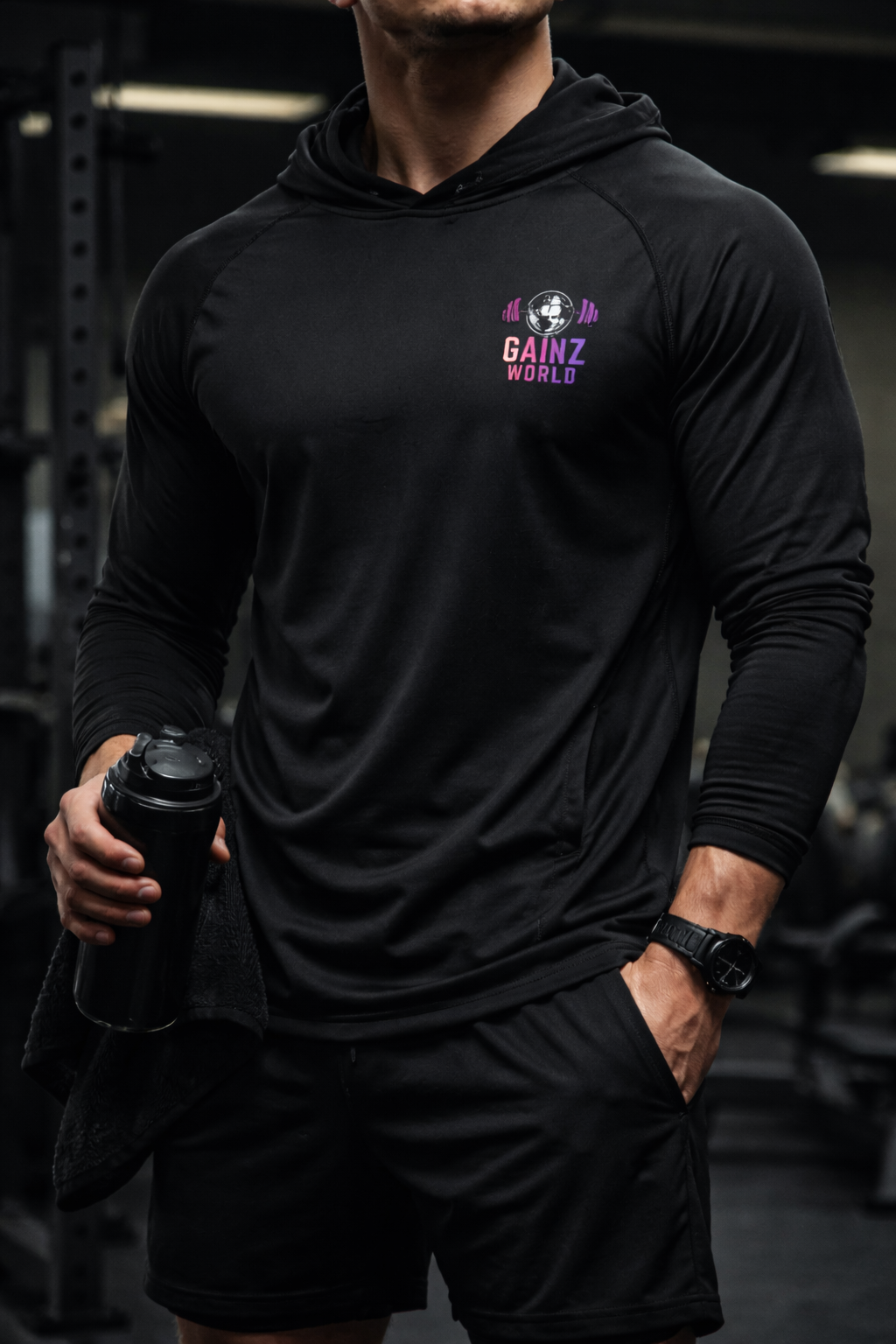 A man wearing a black hoodie with the logo 'GAINZ WORLD' holding a protein shaker bottle in a gym.