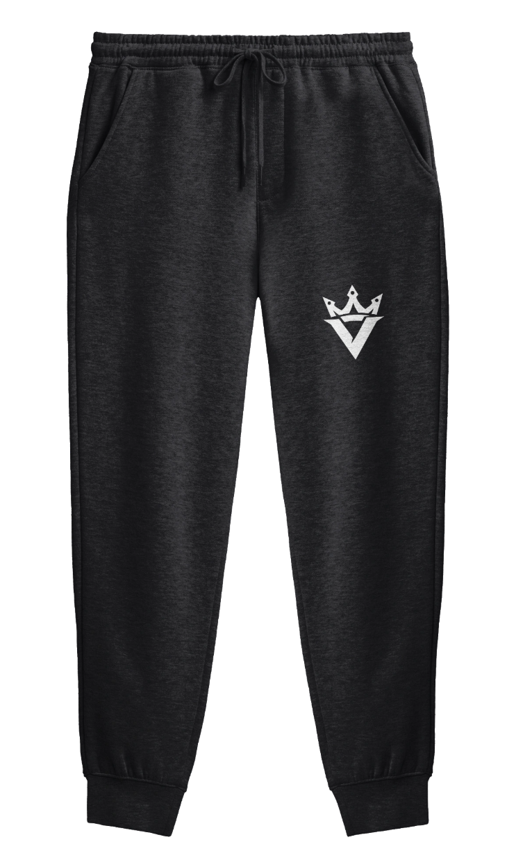 Black sweatpants with an elastic waistband, drawstring, side pockets, and a white crown logo on the right thigh.