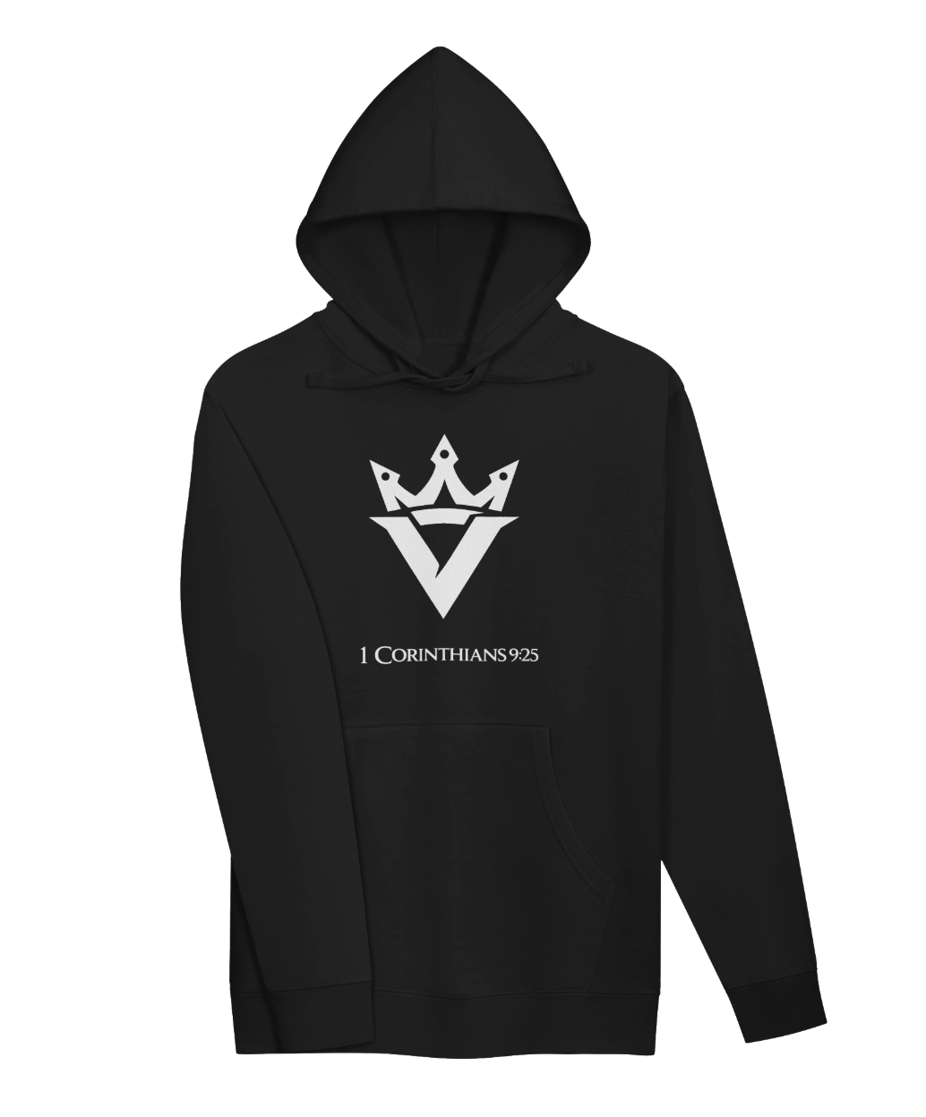 Black hoodie with a white crown and 'V' logo, and the text '1 Corinthians 9:25' printed below.
