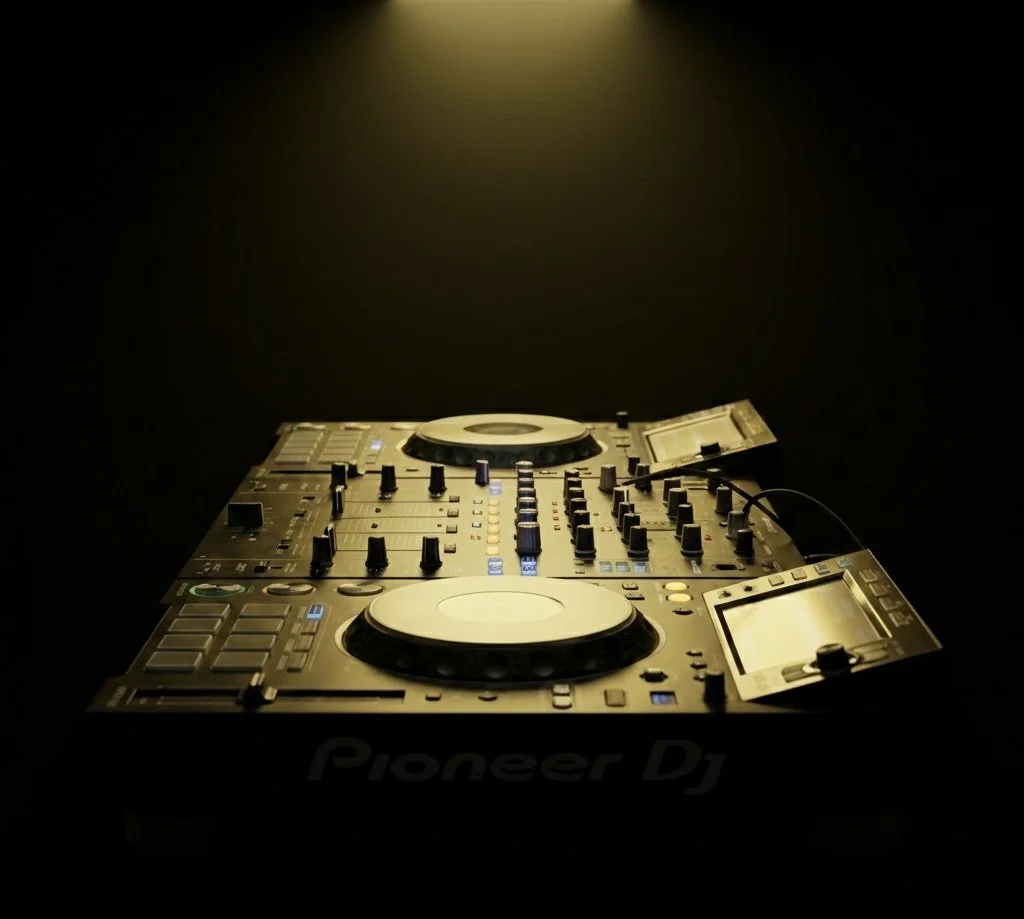 DJ equipment with two turntables and a mixer in a dark room, illuminated by a single overhead light.