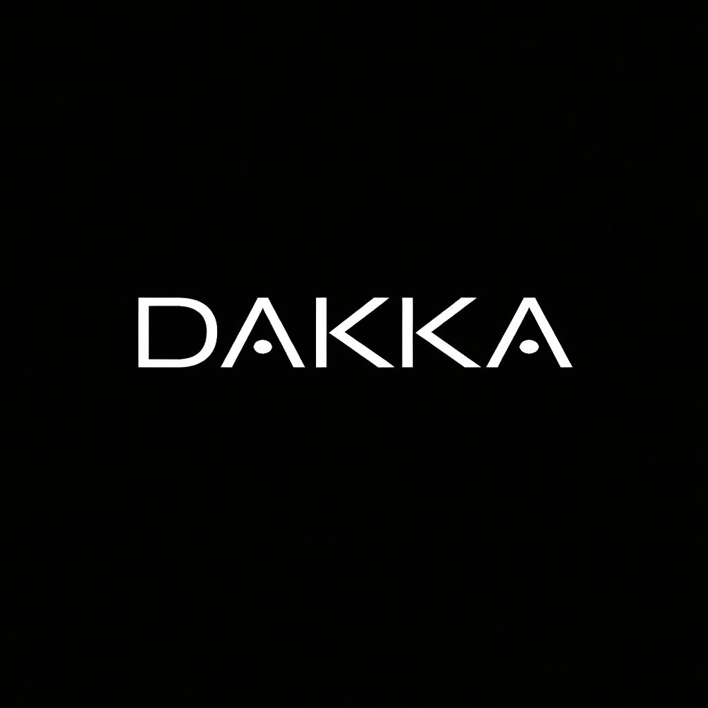The word 'DAKKA' written in white on a black background with stylized letters and dots.