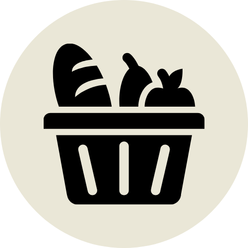 Icon of a shopping basket filled with various fruits and vegetables.