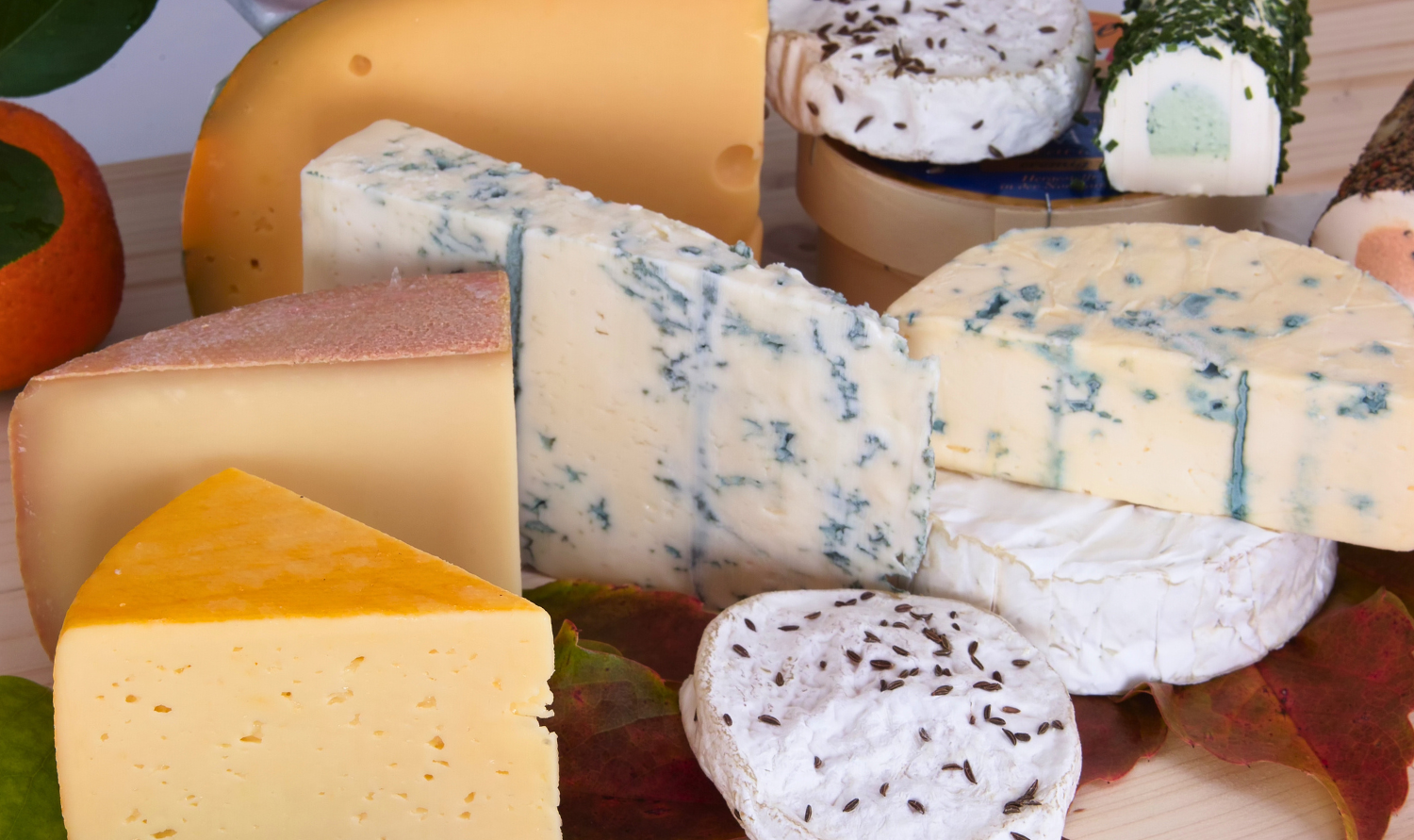 Assorted cheeses including blue cheese, brie, cheddar, and Swiss on a wooden surface surrounded by autumn leaves.