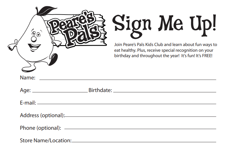 A children's registration form for Peare's Pals Kids Club featuring a cartoon pear character with a smiling face and waving hand, inviting kids to sign up, learn about healthy eating, and receive birthday recognition.