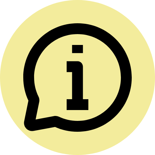 The image shows a speech bubble icon with a lowercase 'i' inside, on a light yellow circular background.