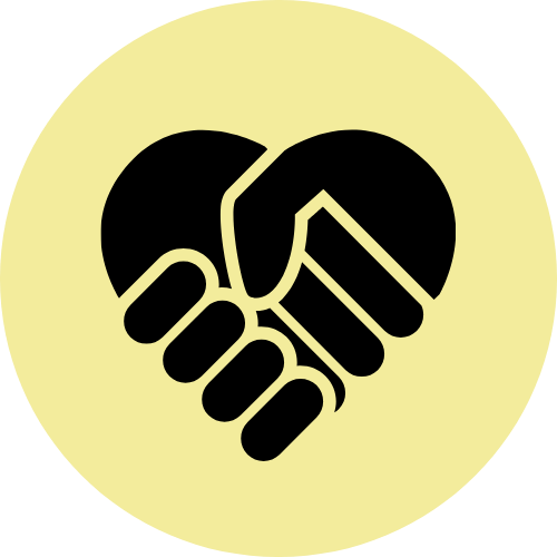 Black and white handshake icon inside a light yellow circle.