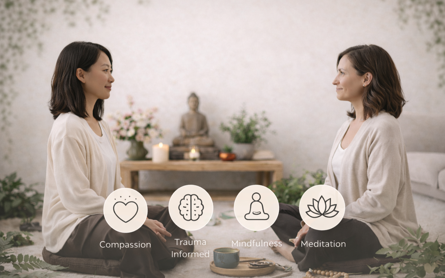 Two women sit facing each other in a peaceful, decorated room with plants and candles, engaging in a mindful or meditative activity.