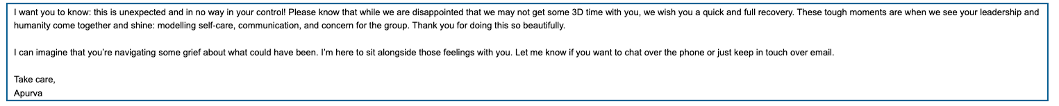 Screenshot of an email from Apurva responding to Jennifer who was unable to attend the Vancouver summit due to illness.