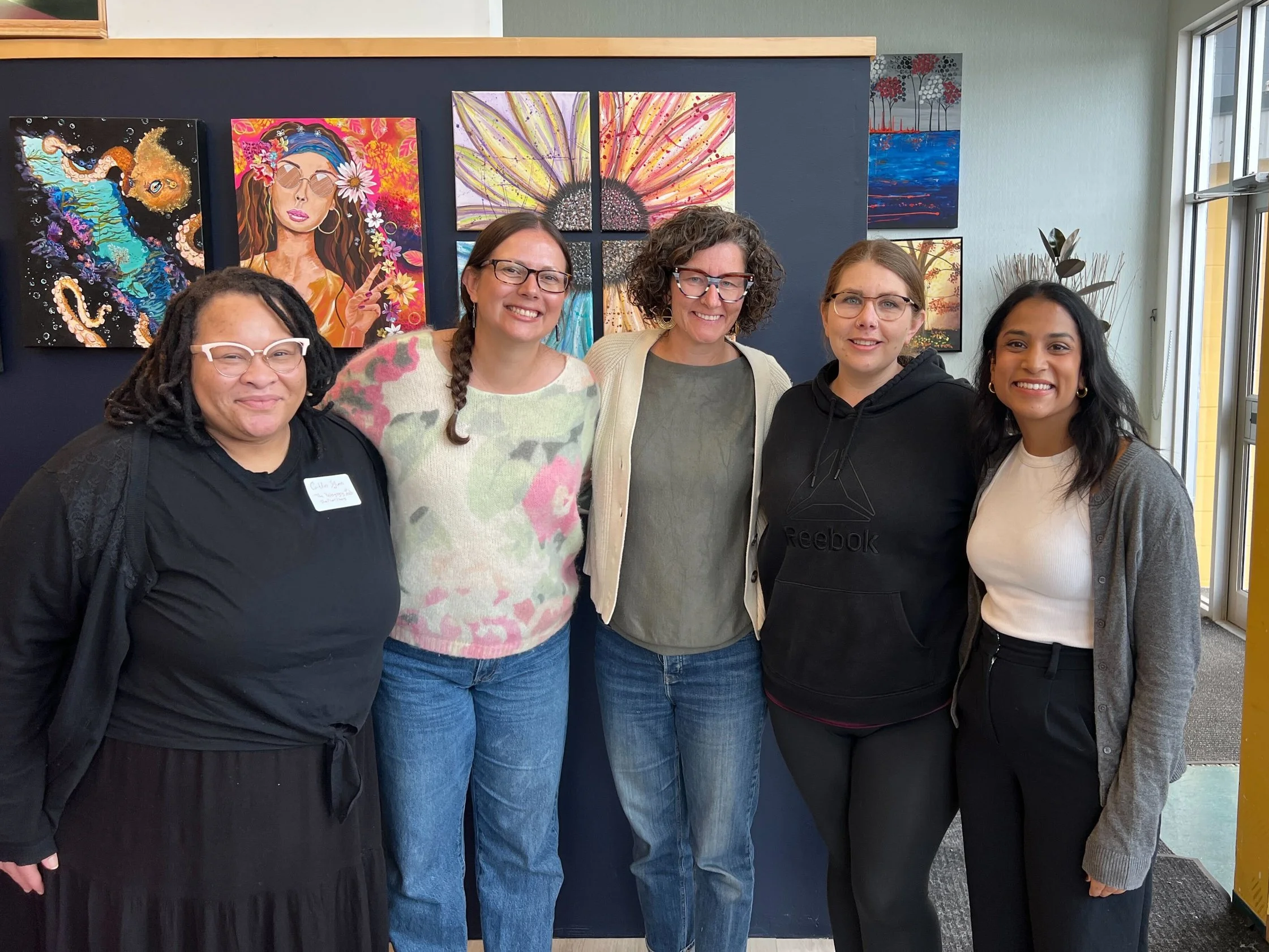 Caitlin Gunn, Amber Hoye, Amanda Coolidge, Kaitlin Schilling, and Apurva Ashok attend a Hewlett convening in Victoria, British Columbia