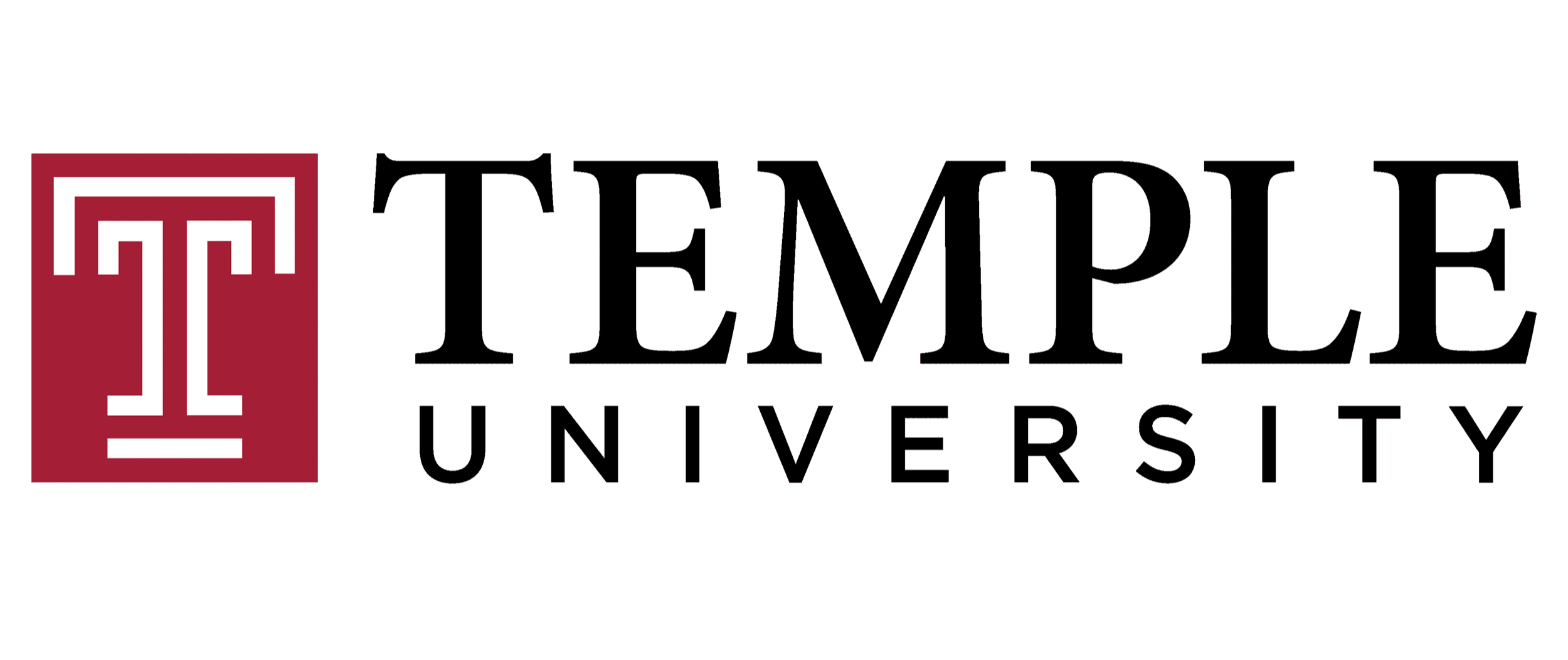 The logo of Temple University, featuring a stylized T in white on a maroon background, with the name 'Temple University' in black text to the right.