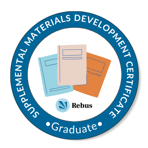 Seal for the Supplementary Materials Development Certification from Rebus, featuring three colored documents and a Rebus logo in the center.