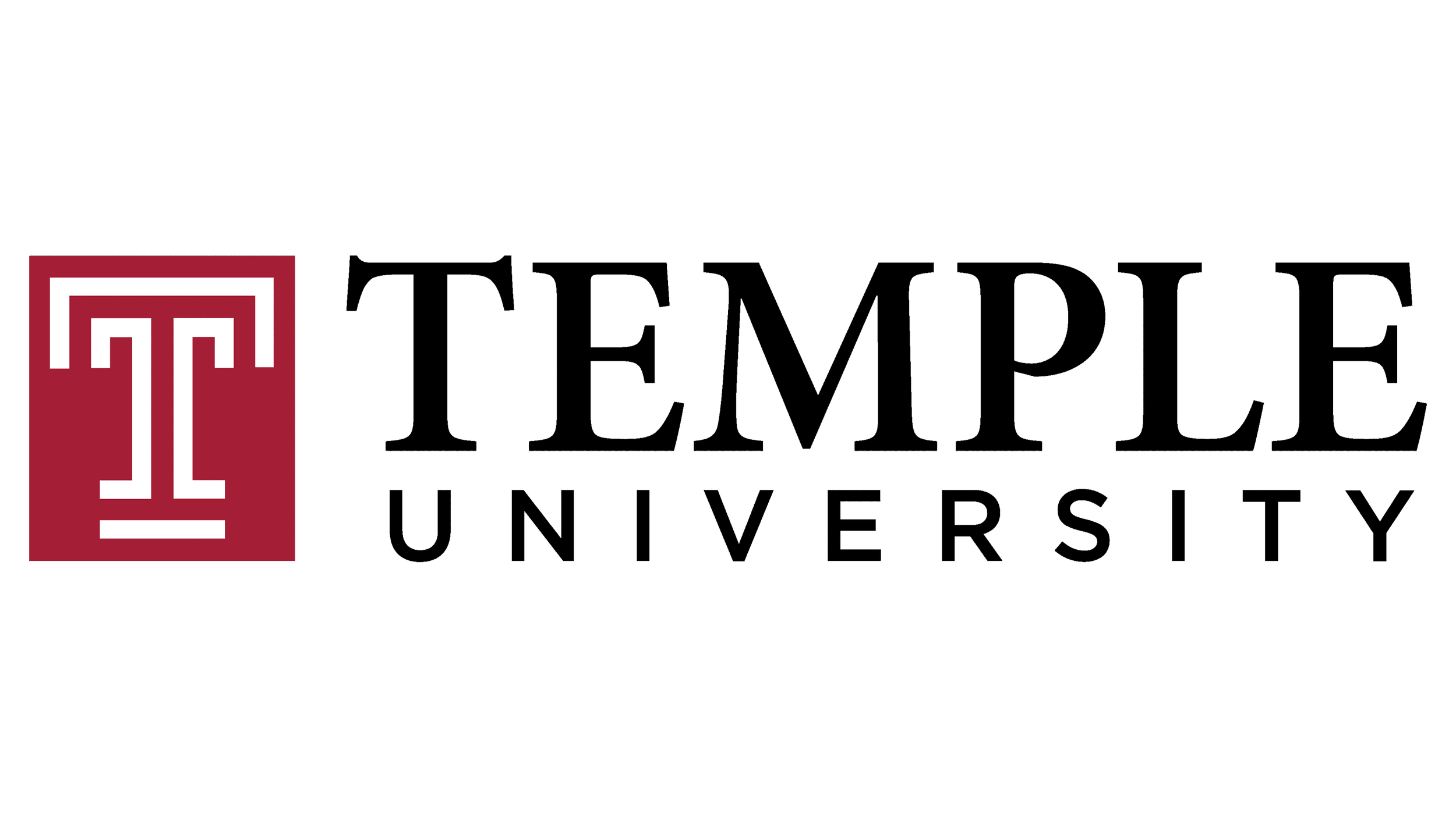 The logo of Temple University featuring a dark red square with a white stylized letter T and the word 'Temple' in black next to it.