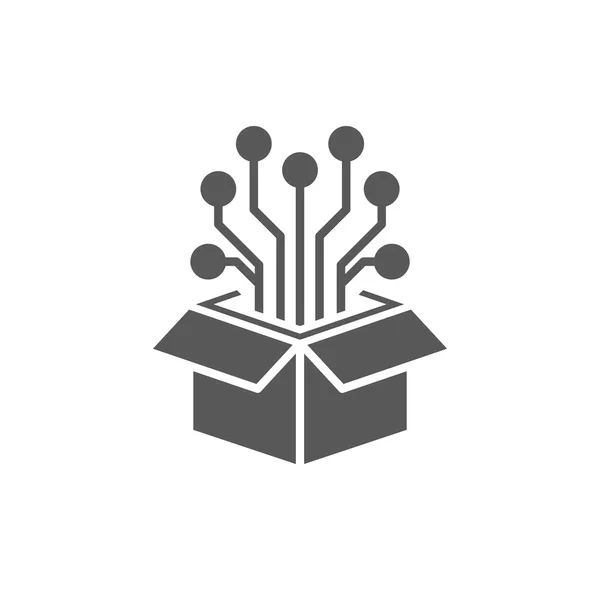 Icon of a cardboard box with circuit lines and nodes coming out of it, representing technology or innovation.
