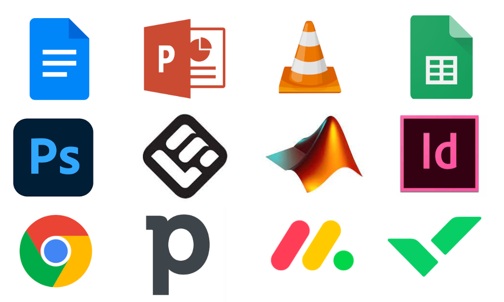 A collection of digital application icons, including Google Docs, PowerPoint, VLC media player, Google Sheets, Adobe Photoshop, CorelDRAW, MATLAB, Adobe InDesign, Google Chrome, PayPal, Slack, and Grammarly.