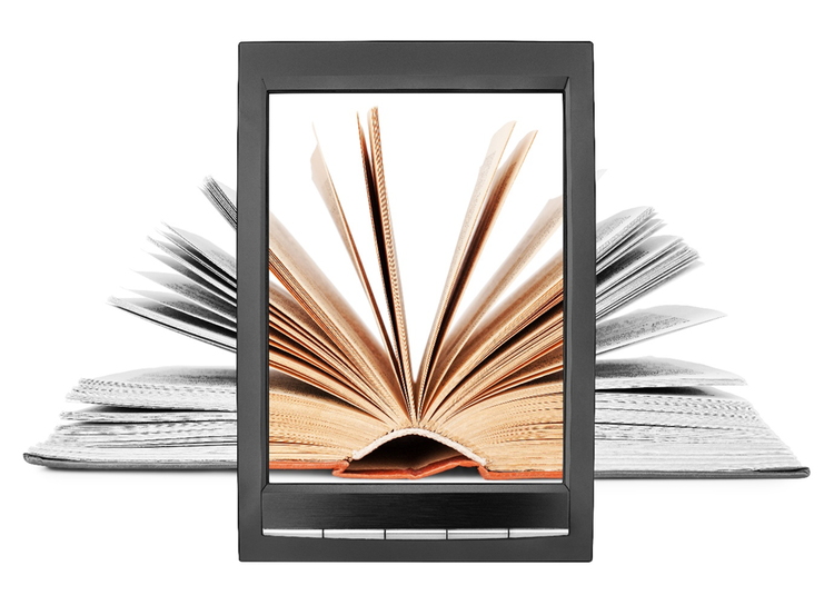 Open book with pages fanned out, viewed through a rectangular digital tablet.