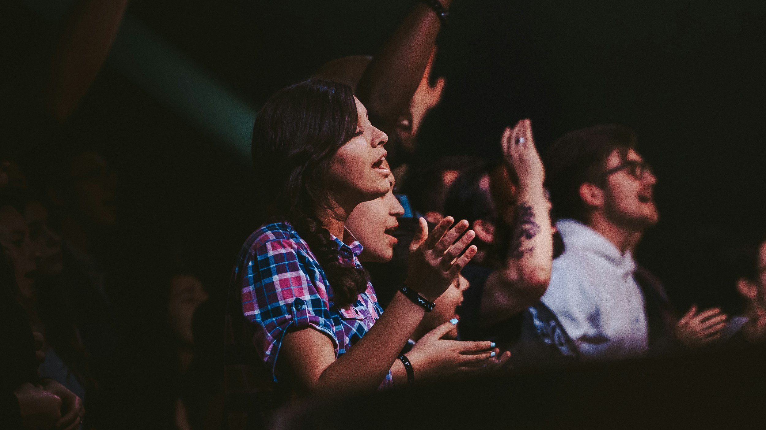 Group of people at a concert or event, with some clapping and enjoying the performance.