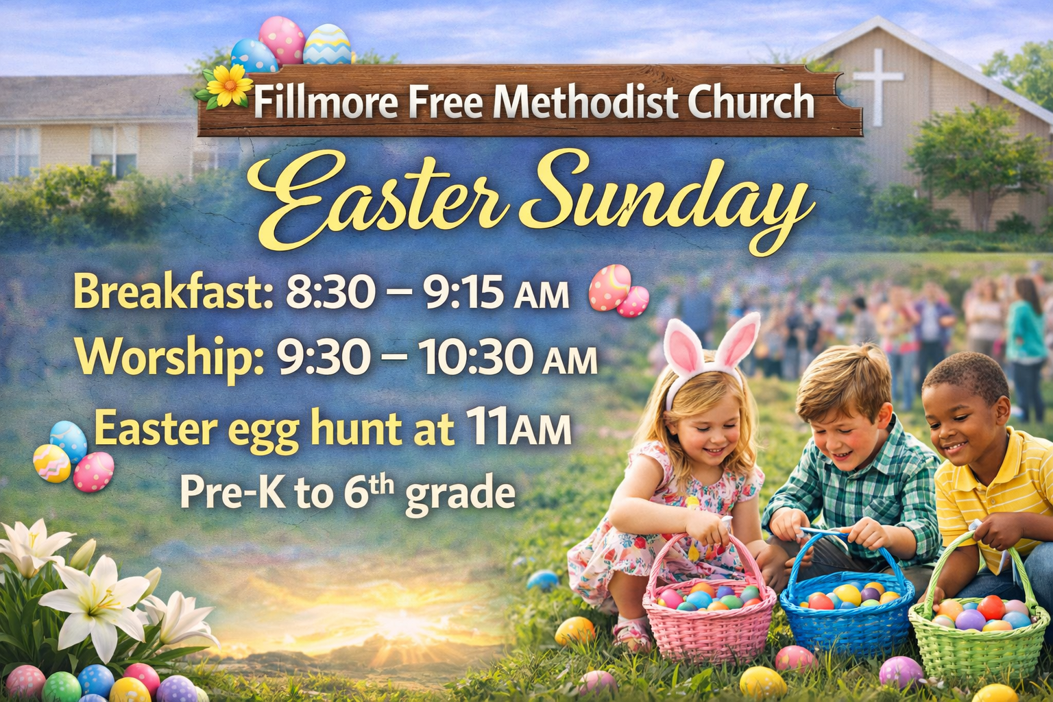 Easter Sunday events at Fillmore Free Methodist Church, with schedules for breakfast, worship, and an Easter egg hunt, displayed over an outdoor scene with children gathering Easter eggs, flowers, and a church building in the background.