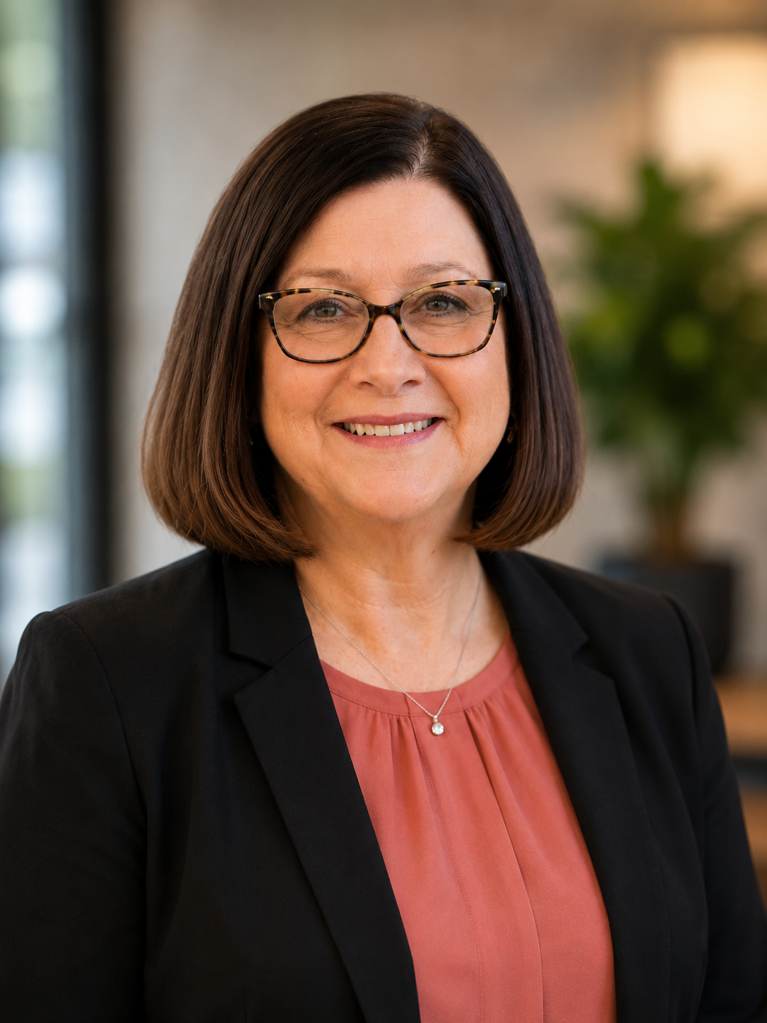 A middle-aged woman with shoulder-length brown hair wearing glasses, a black blazer, and a mauve blouse, smiling at the camera in an indoor setting with a blurred background.
