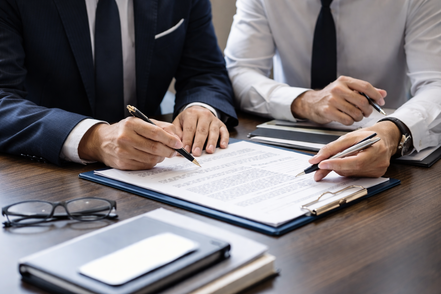 Due uomini in abiti formali che firmando documenti su un tavolo di legno