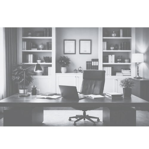 Ufficio elegante con scrivania, sedia ergonomica, librerie con libri e decorazioni, lampada, piante, e cornici alle pareti.