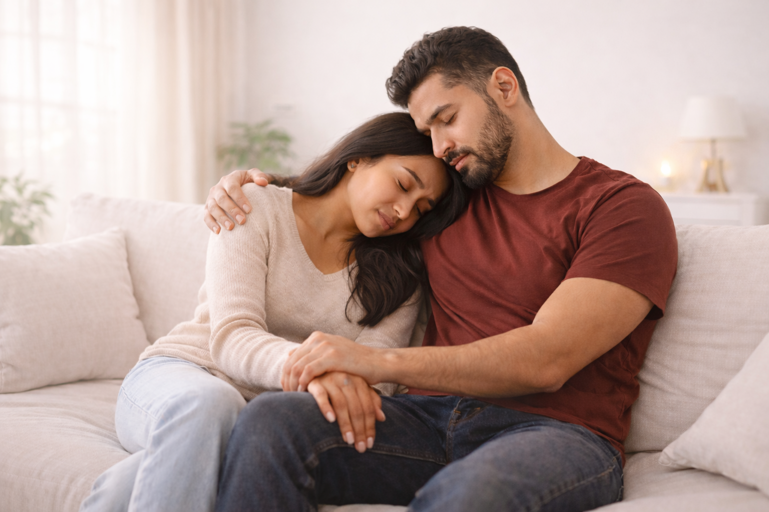 Couple offering comfort to one another while dealing with infertility.