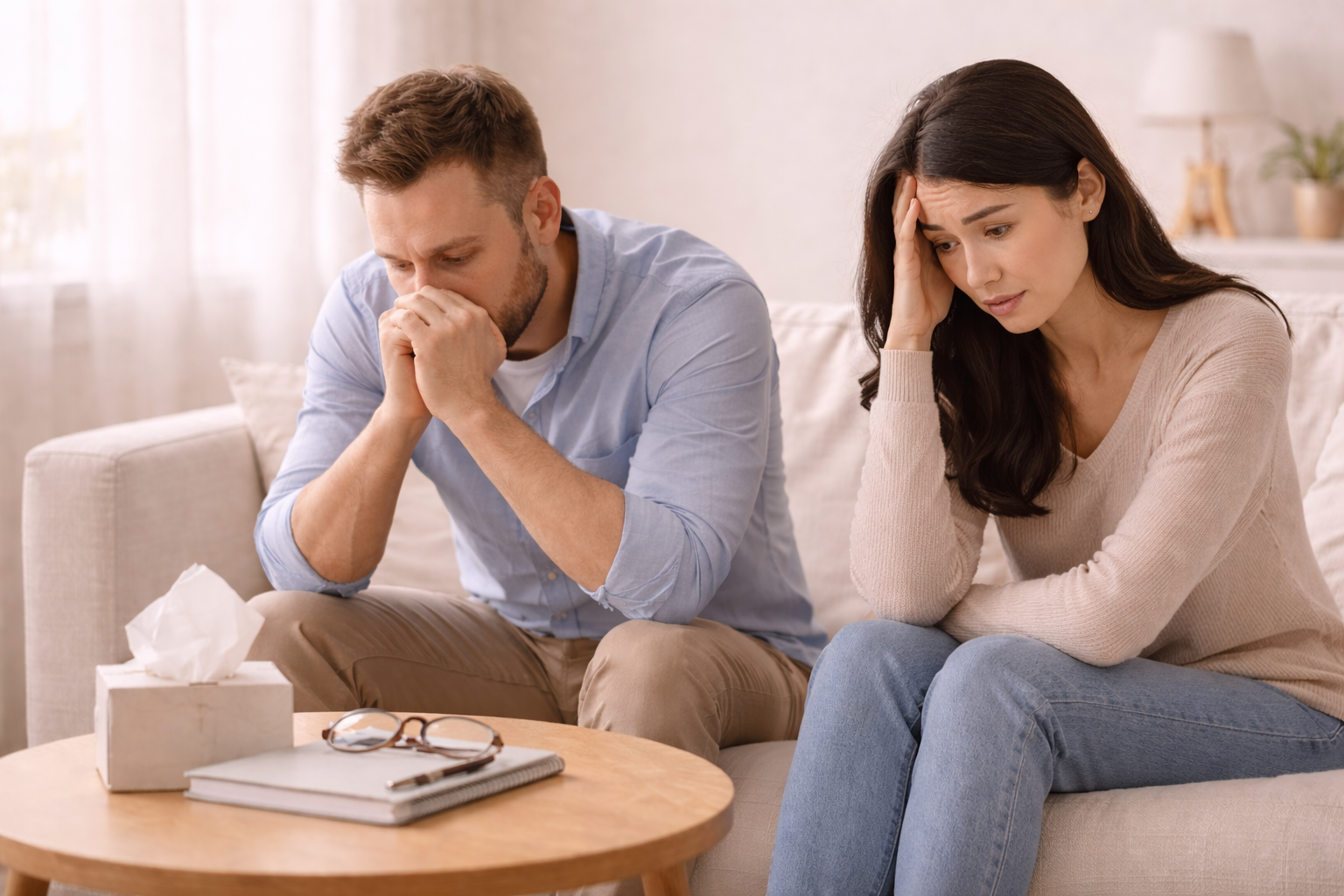 Couple in distress sitting apart on a couch during a difficult conversation