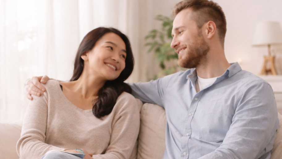 Couple reconnecting and smiling together on a couch after couples therapy