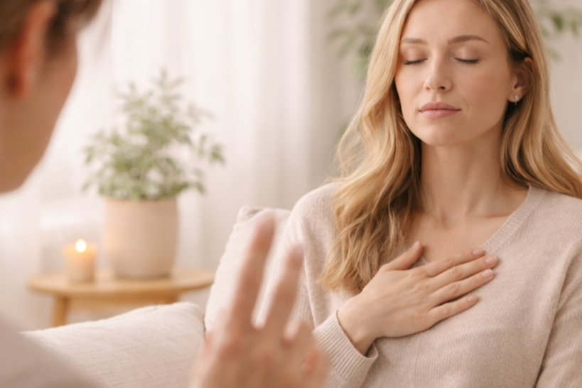 Woman receiving EMDR therapy with eyes closed during a trauma treatment session