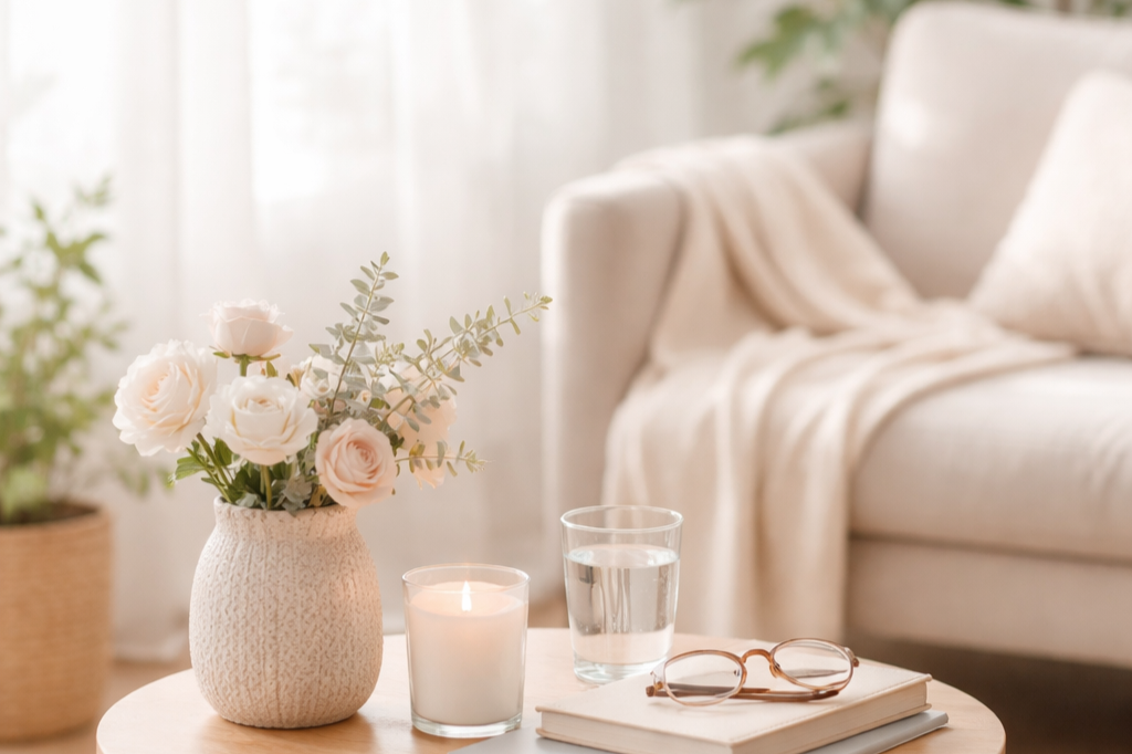 Warm and calming therapy office setting with flowers, candle and natural light