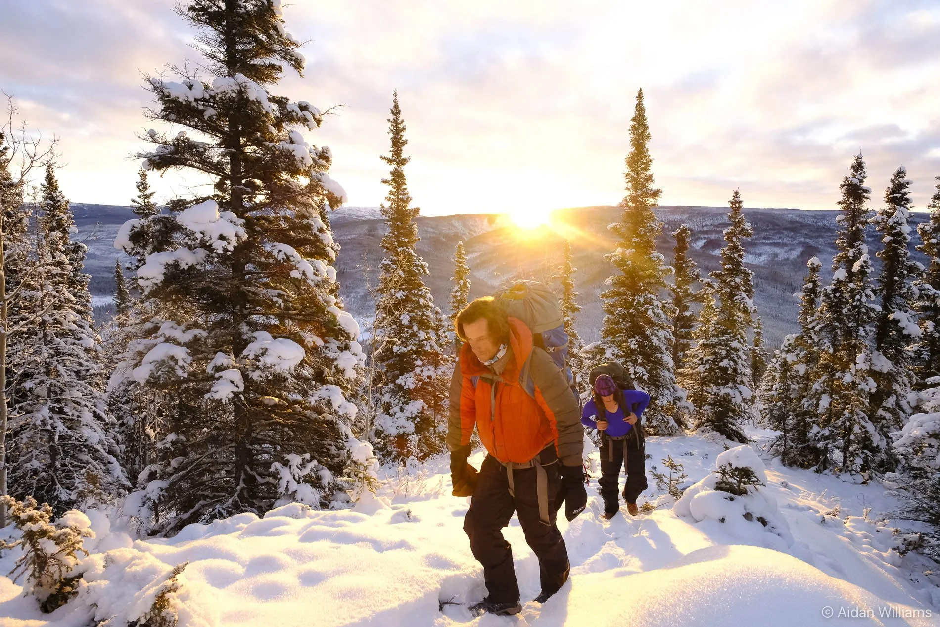 Two hikers carry backpacks through a snowy forest at sunset, with snow-covered trees and mountains in the background.