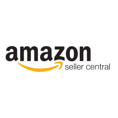 Amazon Seller Central logo with black text and yellow smile arrow on white background.