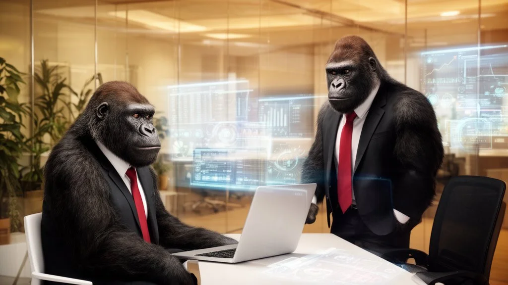 Two gorillas in business suits and red ties working on a laptop in a modern office, with digital graphs and charts projected as holograms behind them.