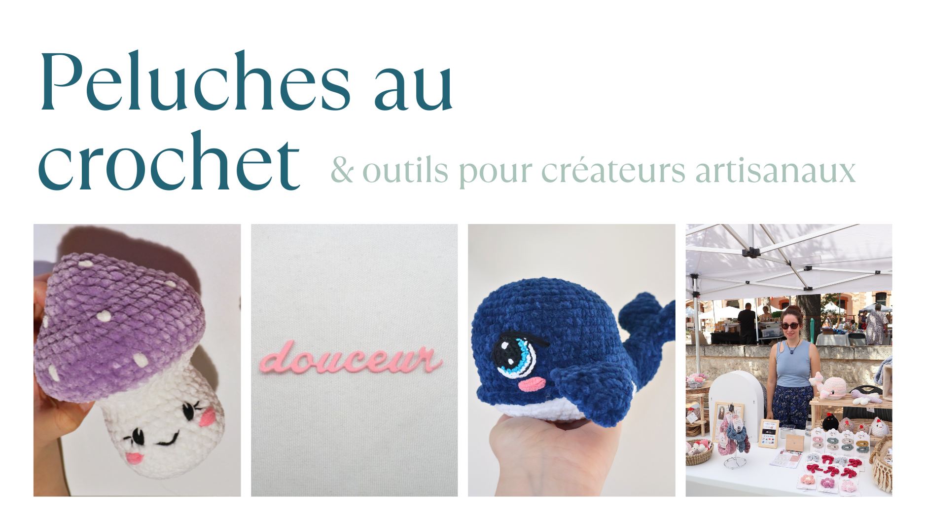 Une affiche promotionnelle pour la vente de peluches au crochet et d'outils artisanal. L'affiche inclut des images de peluches faites à la main, une avec un personnage mignon et une autre en forme de poisson, ainsi qu'une image d'un stand de marché avec une vendeuse et des produits artisanaux.