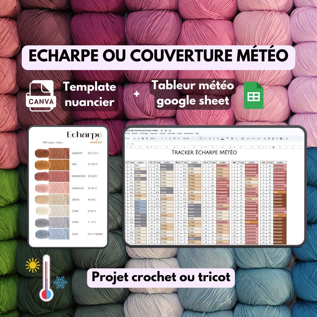 Pack Écharpe Météo 2026 | Template Nuancier Couleurs Canva + Tableur Google Sheet pour Crochet & Tricot | Suivi Température par Jour