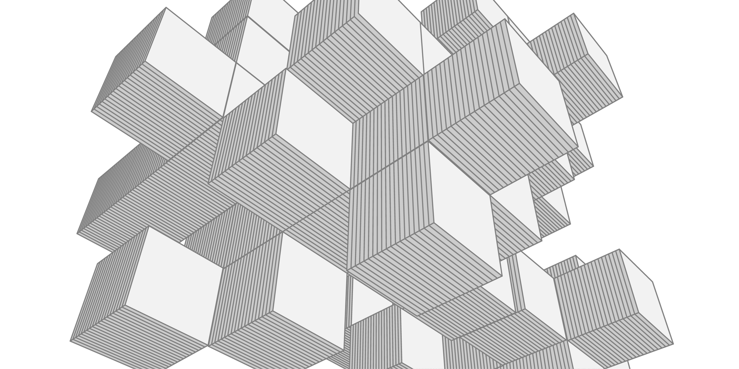 A three-dimensional, abstract geometric illustration consisting of interconnected cubes with linear shading in shades of gray on a white background.