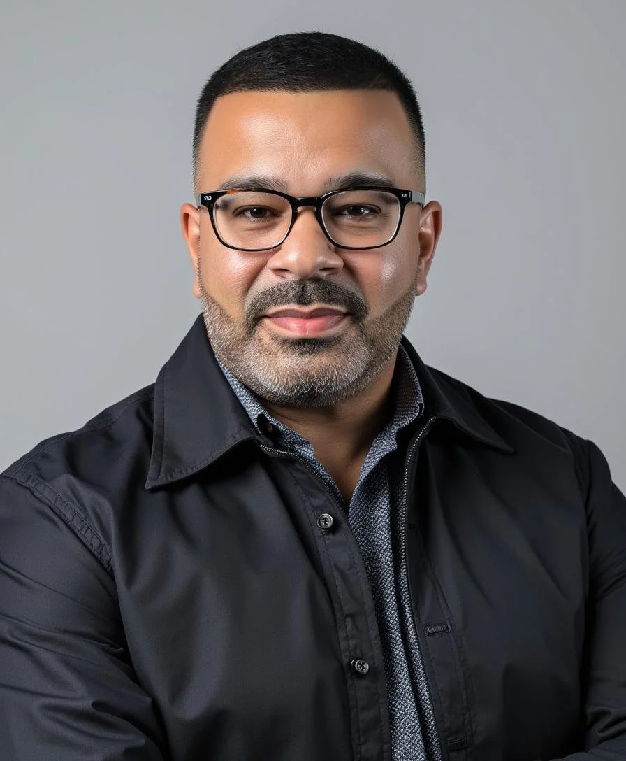 Portrait of a man with short black hair, glasses, and a beard wearing a black jacket and a collared shirt against a gray background.