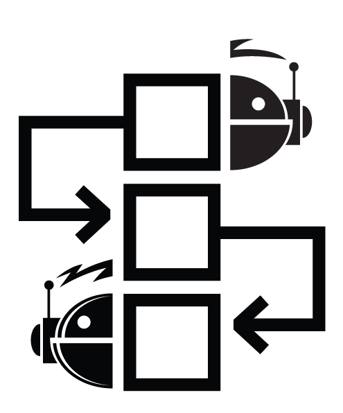 Diagram showing a flow process with two robot icons, arrows indicating process flow, and boxes representing steps.