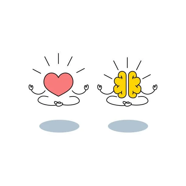 Heart and brain characters in meditation pose with glowing outlines and shadows.