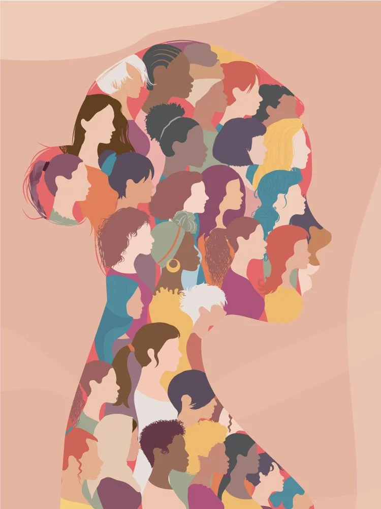 Illustration of a human head outline filled with diverse women's profiles in various colors and hairstyles, symbolizing diversity and unity.